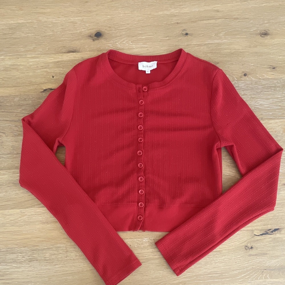 Böhme Red Ribbed Knit Button-Front Round Neck Cropped Top Long Sleeve Size M